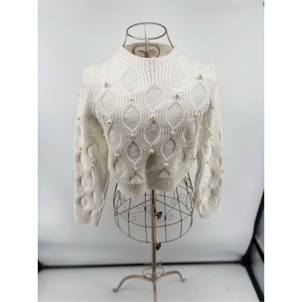 Maria Pavan Women’s White Faux Pearl Embellished Sweater Long Sleeve Size Small